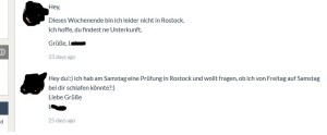 How not to contact a host: "I have an audition in Rostock. Can I sleep at your place?" And the profile had nothing but her name on it. The answer is No.