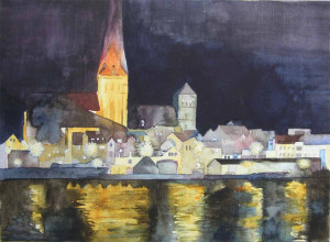 Rostock's Old Town with St Peter's and St Nikolai's church by night © watercolour by Frank Koebsch https://frankkoebsch.wordpress.com/tag/altstadt/